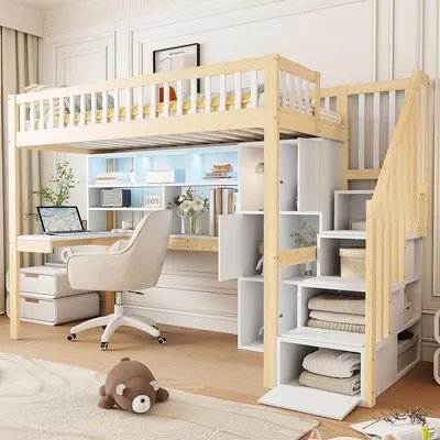 Produktbild von MODFU Hochbett Kinderbett 90x200 mit LED,Multifunktional Jugendbett mit Ablageleiter,Schreibtisch,Regale und Kleiderschrank,ohne Matratze,Weiß+Natur
