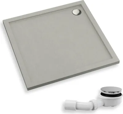 Productafbeelding van Douchebak, vierkant, 90x90x4,5 cm, sanitair acryl, douchebak met steenlook | Afvoerkit met diameter 90 mm inbegrepen | Antislip douchebak | BADLAND CASPAR NEW