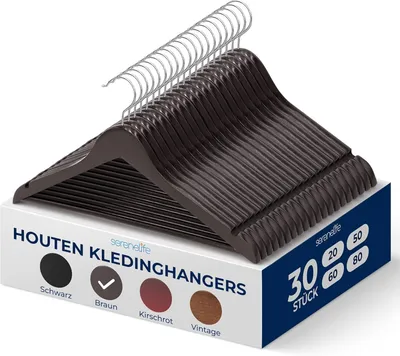 Produktbild von SereneLife Holzkleiderbügel, 30 Stück- Kleiderbügel, Robuste & rutschfeste Hangers- 1,2cm dick, 360° drehbarer Haken