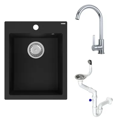 Produktbild von Granmaster Ivo Granitspüle mit Armatur 1 Becken mit Siphon in 3 Farben - Spülbecken Arbeitsplatte Küche Waschbecken mit Wasserhahn, Spüle