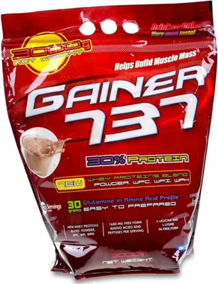 A red bag of protein powder.