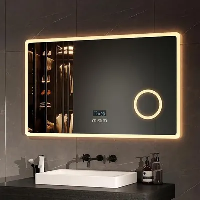 Productafbeelding van Spiegel voor de badkamer met verlichting, 100x60 cm. Badkamerspiegel met Bluetooth, anti-condensfunctie, 3 dimbare lichtkleuren, LED-spiegel met 3-voudige vergroting