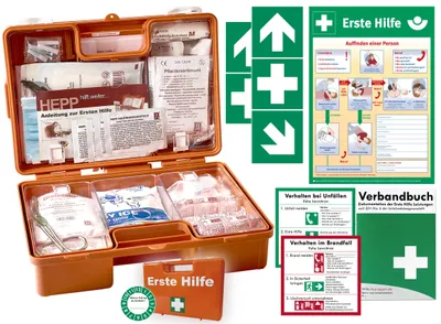 Produktbild von Verbandskoffer (K) INKL. 90° ARRETIERUNG -Komplettpaket- Erste Hilfe - aktuelle DIN 13157 für Betriebe INKL. PERF.VERBANDBUCH + Aufkleber + Aushang
