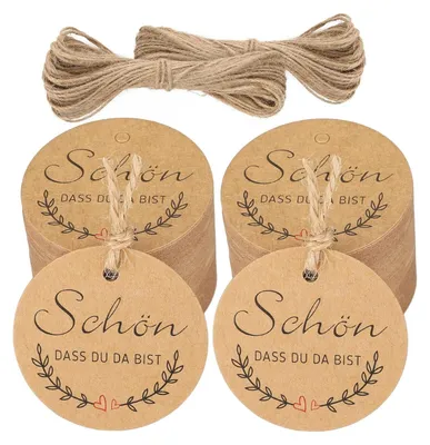 Produktbild von 100 Stück Geschenkanhänger SCHÖN DASS DU DA BIST Anhänger - Kraftpapier Etiketten 6CM - Rund Papieranhänger mit Jute Schnur für Hochzeit Geschenke Basteln (Braun)