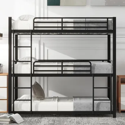 Produktbild von Fortuna Lai Etagenbett 90x200cm, Einzelbett Kinderbett Bettgestell Metallbett Dreierbett mit Lattenrost, für Kinder, Jugendliche und Erwachsene, Schwarz