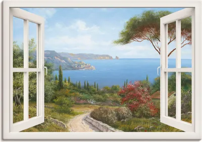 Produktbild von ARTland Leinwandbild Fensterblick - Haus am Meer, weiß Größe: 70x50 cm
