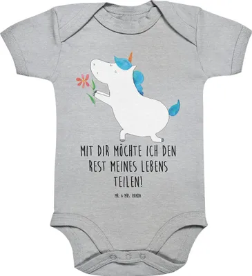 Produktbild von Mr. & Mrs. Panda Babybody Einhorn Blume 3. - 6. Monat - Heather Grey - Geschenk, Liebe, babykleidung body, Unicorn, Liebesbeweis, Heiraten, Freundin, Baby Baumwolle