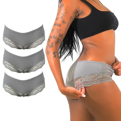 Produktbild von Benonetti Damen Hipster Slips 3er-Set – elegante Unterwäsche mit Spitze, atmungsaktiv & bequem aus Baumwolle (3er Set, Grau, L)