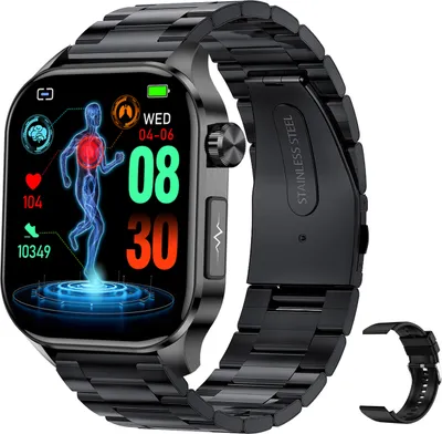 A smartwatch with a black metal band is displayed on a white background. The watch face shows health monitoring data.