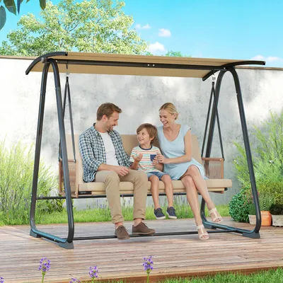 Produktbild von Hollywoodschaukel 3-Sitzer mit verstellbarem Sonnendach, Gartenschaukel, Metall, Sand | 203 x 121 x 165 cm | bis 360 kg | UPF30+