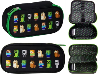 A collage of images showing a Minecraft-themed pencil case from different angles, including its interior.