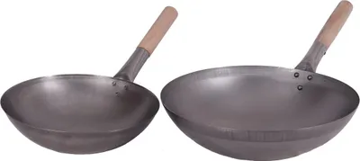 Produktbild von WOK SET, 30RB-35RB, Wok 30 cm Ø runder Boden + Wok 35 cm Ø runder Boden mit Holzgriff Kohlenstoffstahl