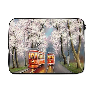Produktbild von MuchoWow® Laptop Hülle 13 Zoll Gemälde - Ölgemälde - Straßenbahn - Blühender Baum Laptoptasche - Laptophülle - Sleeve - Rundumschutz