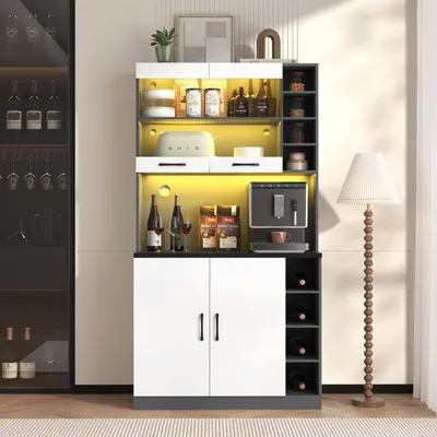 Produktbild von Küchenschrank Weiß-Grau mit LED-Beleuchtung, Glasfronten und Mikrowellenbereich, MDF, 100x47x187 cm