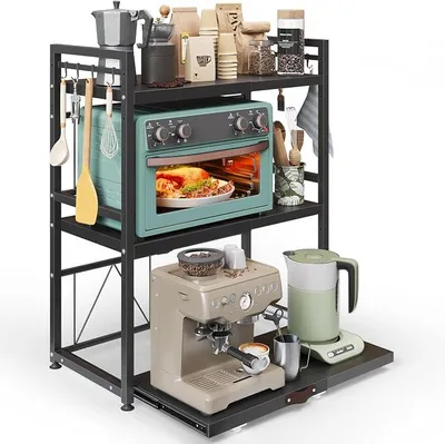 Immagine prodotto di Ripiano estendibile per microonde con cassetto, ripiano sopra il microonde, supporto per microonde da appoggiare sul piano di lavoro, ripiano per forno/macchina da caffè, supporto per microonde con 8 ganci, a 3 livelli, nero