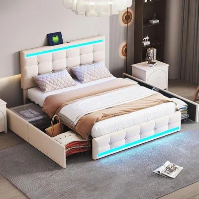Zdjęcie produktu dla Łóżko z oświetleniem LED, tapicerowane, z 4 szufladami i portami USB do ładowania – 140 x 200 cm