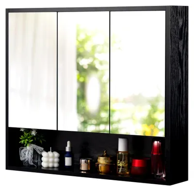Produktbild von Spiegelschrank für das Badezimmer mit Ablage, 70 cm breit, drei Spiegeltüren, zur Wandmontage, in Schwarz