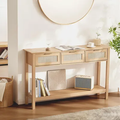 Zdjęcie produktu dla Rattanowa konsola VEVOR z 3 szufladami, rattanowy stolik wejściowy z przesuwanymi drzwiami z naturalnego rattanu, stolik konsolowy do salonu, gabinetu, strefy wejściowej lub ściany telewizyjnej, natura