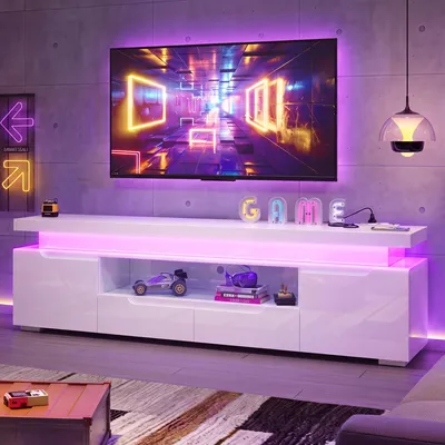 Image de UnboxG : Meuble TV 180 cm, finition laquée blanche, pour téléviseurs jusqu'à 75 pouces, meuble bas TV avec éclairage LED RGB, multiprise avec ports USB et Type-C, 2 tiroirs et 2 compartiments
