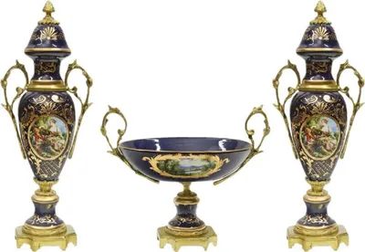 Produktbild von Casa Padrino Barock Keramik Vasen Set mit Schale Dunkelblau / Mehrfarbig / Gold - Prunkvolle Deko Accessoires im Barockstil