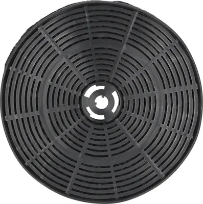 A black circular carbon filter for a range hood.