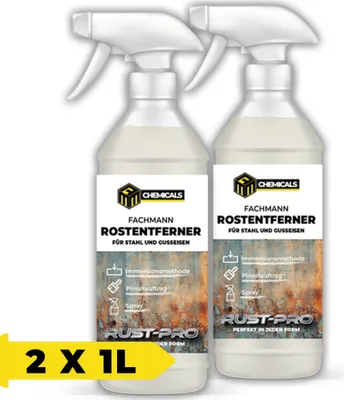 Produktbild von MRM CHEMICALS Rostentferner für Metall, Stahl und Gusseisen Spray 1L Rostlöser für Auto Karosserie Fahhrad Kette Haus Garten, Korrosionsschutzspray x2
