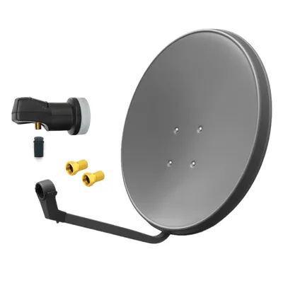 A satellite dish and its accessories are displayed against a white background.