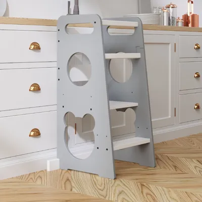 Produktbild von Lernturm für Kinder, Neues Modell - Teddybär, Learning Tower aus Holz, Montessori Küchenhelfer, Lernturm ab 1 Jahr, Grau