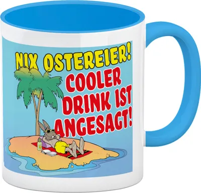 Produktbild von Osterhase im Urlaub Kaffeebecher in hellblau mit Spruch