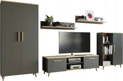 Immagine prodotto di Parete attrezzata Nord Per La Vita, parete attrezzata moderna, mobile da soggiorno con tavolo TV, credenza e mensola a muro, armadio Antracyt Artisan