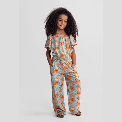Produktbild von Minoti Mädchen Overall Viskose Set Blau mit Blumenmuster - Zweiteiler Top und weite Hose für den Sommer