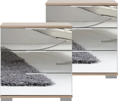 Produktbild von Schlafzimmer 2er Set Nachttisch Nachtschrank, auch für Boxspringbetten, in Eiche sägerau Nb. mit Spiegelfront ELSTRA-43, B/H/T ca. 52/58/38 cm