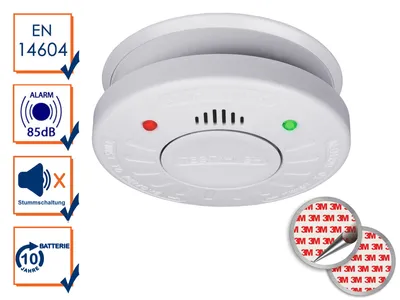 A smoke detector with accompanying informational graphics and adhesive pads.