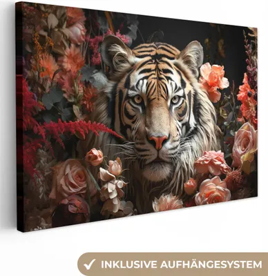 Produktbild von Wanddeko 120x80 cm - Tiere - Tiger - Natur - Blumen - Botanisch, Deko Wohnzimmer, Bilder, Wanddeko