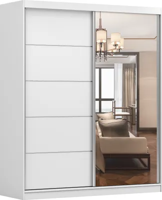 Produktbild von Schwebetürenschrank Kleiderschrank Schrank 183 cm mit einem Spiegel Kommode 135 cm zweitürig mit Schubladen Weiß/Weiß Bella 03 /Frida 01 2er-Set