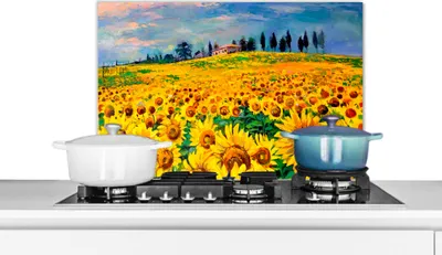 Produktbild von MuchoWow® Splashback Kuchyňa - Kuchynský backsplash - Ochrana steny pre sporák a drez Olejomaľba - Maľba - Kvety - Slnečnica 60x40cm Alu-Dibond
