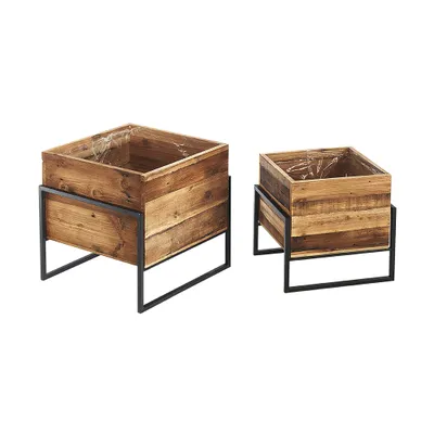 Two wooden planters with metal stands on a white background.