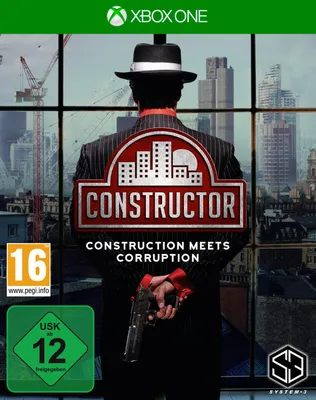 Cover art for the video game Constructor, showing a man in a suit and hat holding a gun, with a cityscape in the background.