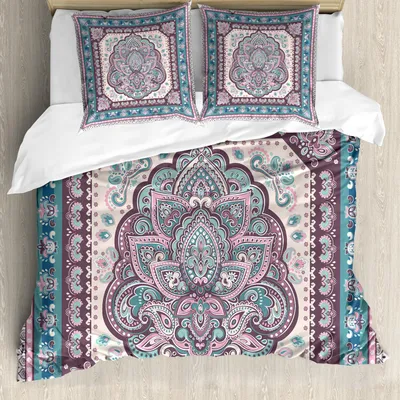 Produktbild von ABAKUHAUS Ethnisch Bettbezug Set, Mandala Paisley Orientalisches Asiatisch Muster, 200 x 200 cm + 80 x 80 cm, Pale Pink Lila