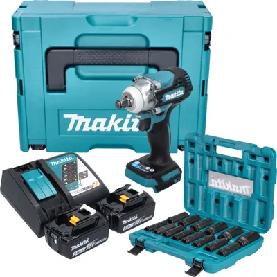 Produktbild von Makita Akku-Schlagschrauber DTW300TJX7, 18 V, incl. 2x Akku LXT 5 Ah, Schnellladegerät, Schlagnuss-Set, Zubehör, MAKPAC