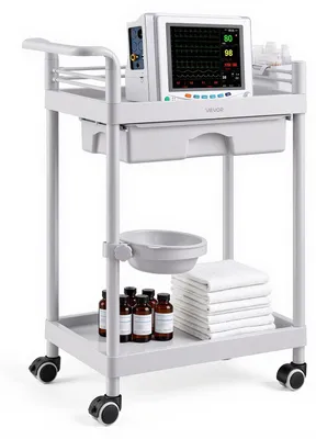 Image de VEVOR, chariot médical de 50 kg, chariot de laboratoire, chariot de service médical, dimensions 60x34x81 cm, chariot de transport pour clinique, hôpital, salon de beauté et laboratoire, chariot de cosmétiques avec tiroir, compartiment de rangement, poubelle, roulettes