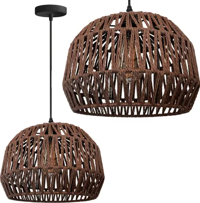 Two brown woven pendant lamps are shown against a white background.
