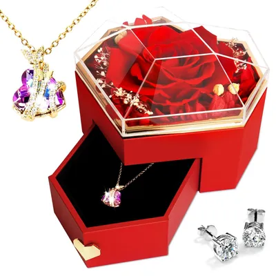 Ewige Rose Geschenkbox mit Halskette, Herz-Anhänger & Ohrringen