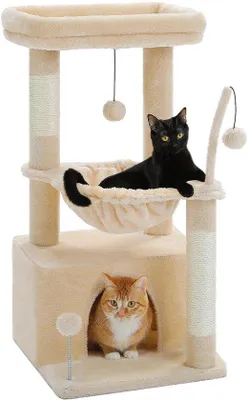 Image de Arbre à chat compact Unyqoos® au design cactus, avec hamac, poteau en sisal pour faire ses griffes et pompons ludiques – arbre à chat stable et peu encombrant, idéal pour les chats d'intérieur