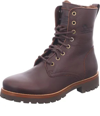 A single brown leather boot is shown against a white background.