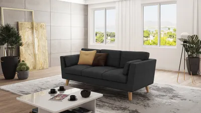 Produktbild von S-STYLE MÖBEL - Sofa 3-Sitzer mit Holzfüßen im skandinavischen Stil Elma aus Graphit Luxusmicrofaser, B/T/H: 206 cm/ 89 cm/ 90 cm