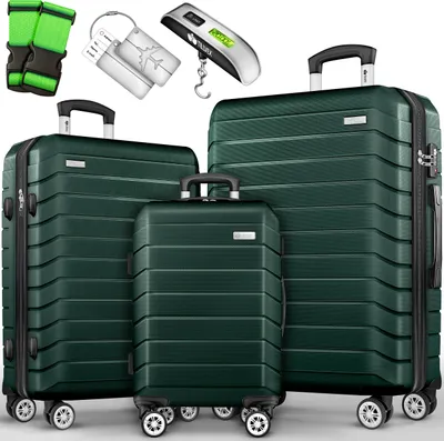 Produktbild von tillvex® Reisekoffer Set 3-TLG. + Gepäckwaage, 6X Koffergurte & 3X Kofferanhänger | Kofferset 4 Rollen | Trolley Gepäck Koffer TSA Schloss | Rollkoffer Hartschalenkofferset S-M-L-XL (Armeegrün)