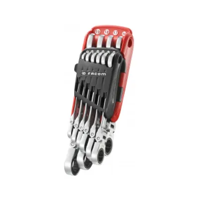 Produktbild von Facom Ratschen-Maulschlüsselsatz mit Scharnier und rutschfestem Griff, metrisch, im Halter