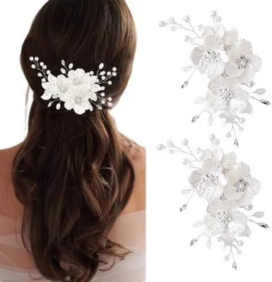 Produktbild von 2 Stück Haarschmuck für Hochzeit und Brautfrisuren mit Blumen und Perlen, weißer Kopfschmuck für Bräute, Brautjungfern, Frauen und Mädchen