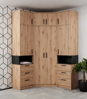 Produktbild von DESIGN MÖBEL Gustavo 14 – Eckgarderobe mit 2 Regalen, Kleiderstange & abschließbarem Schrank, Soft-Close, Artisan Eiche